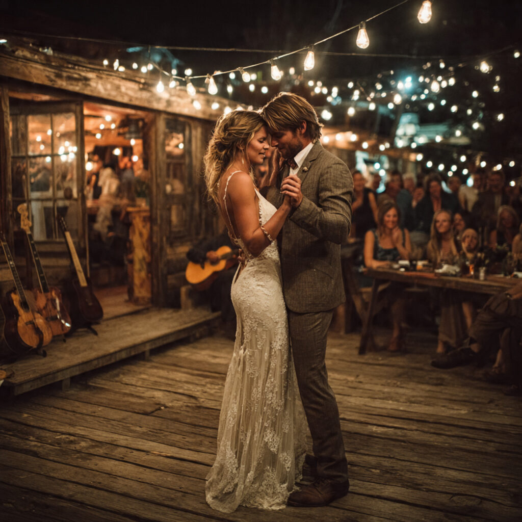 rustic barn wedding with string lights couple