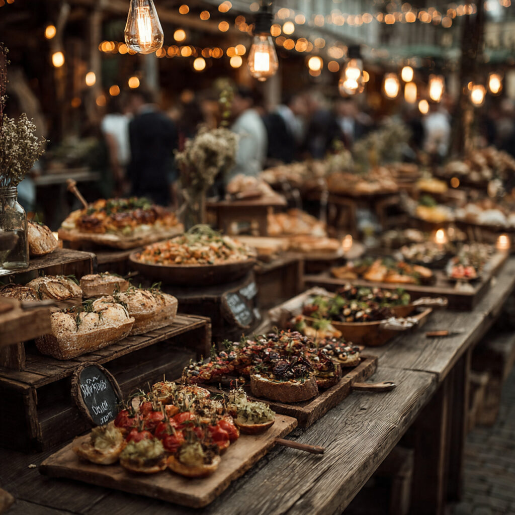 rustic buffet wedding table with multiple dishes