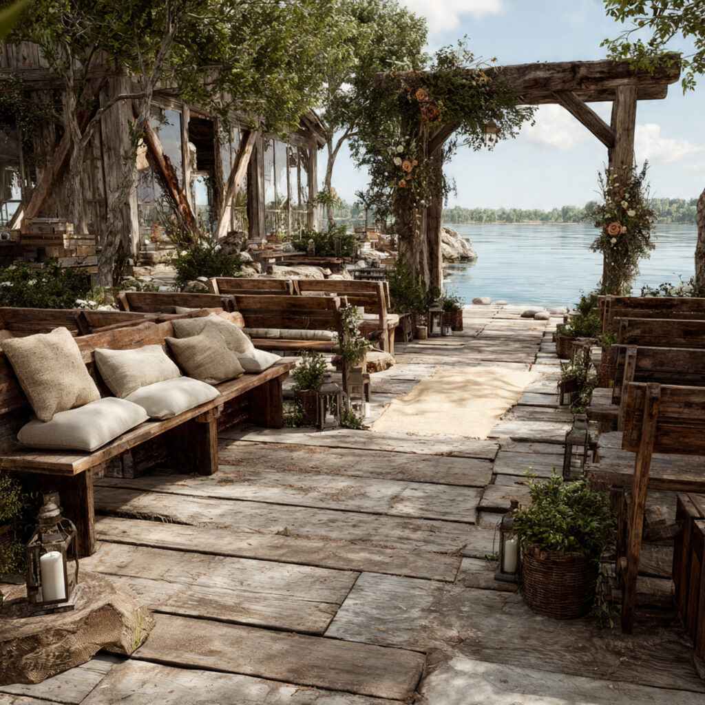 rustic wooden chairs and reused furniture arranged