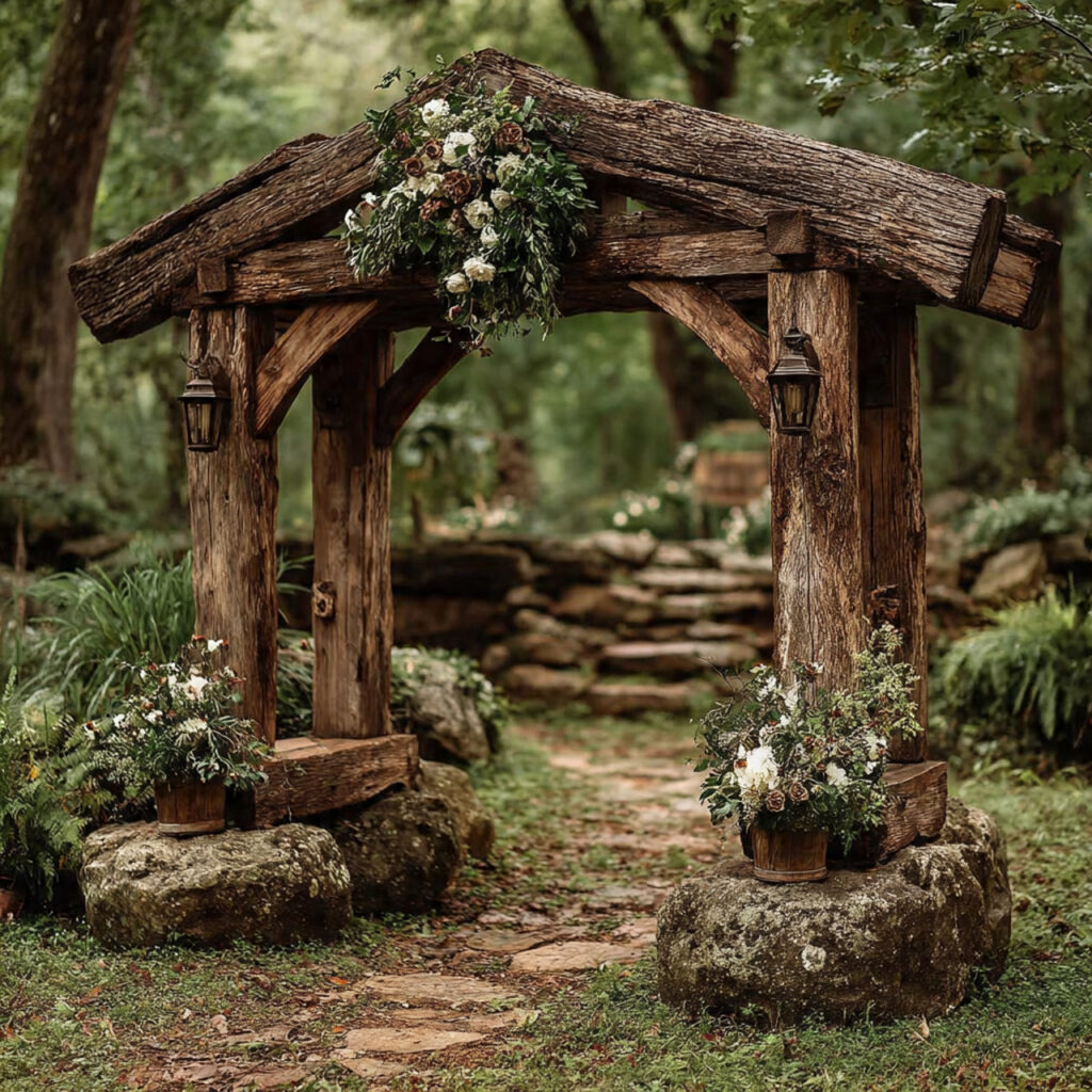 rustic wooden wedding arch outdoors reclaimed timber 1