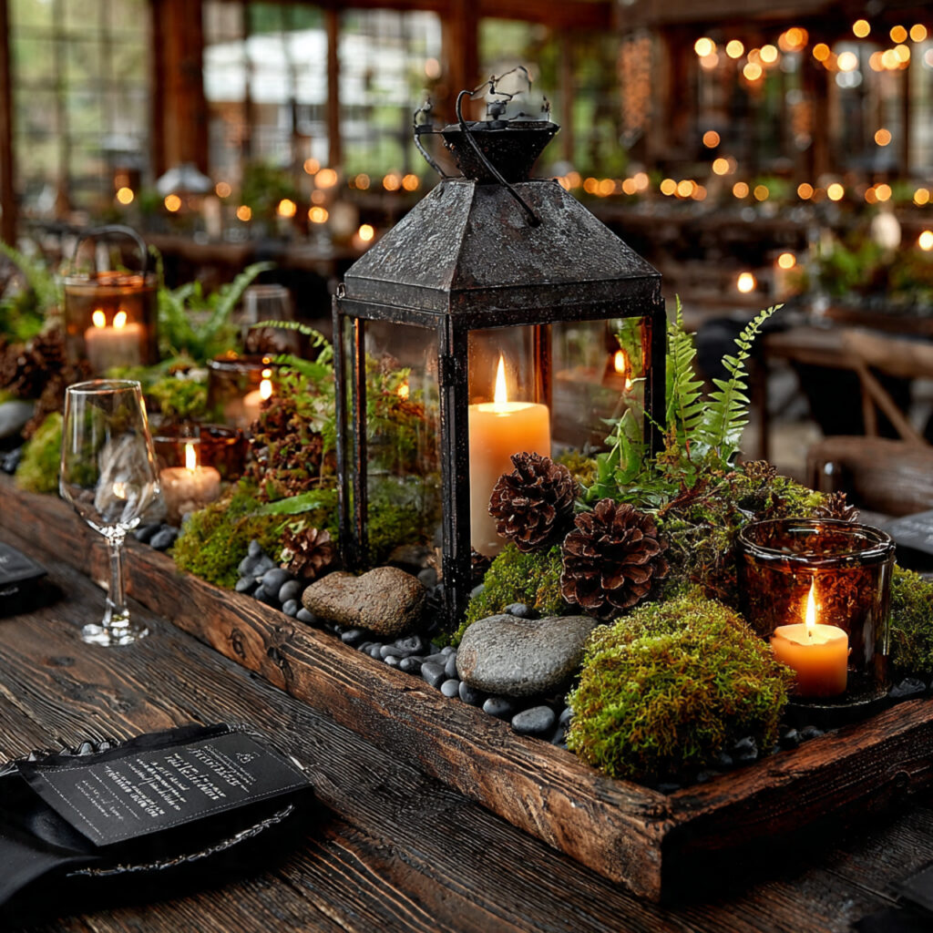 rustic woodland wedding table centerpiece with iron
