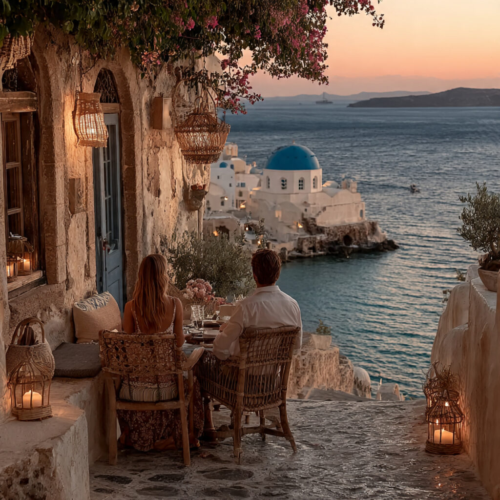 santorini honeymoon terrace with whitewashed walls blue