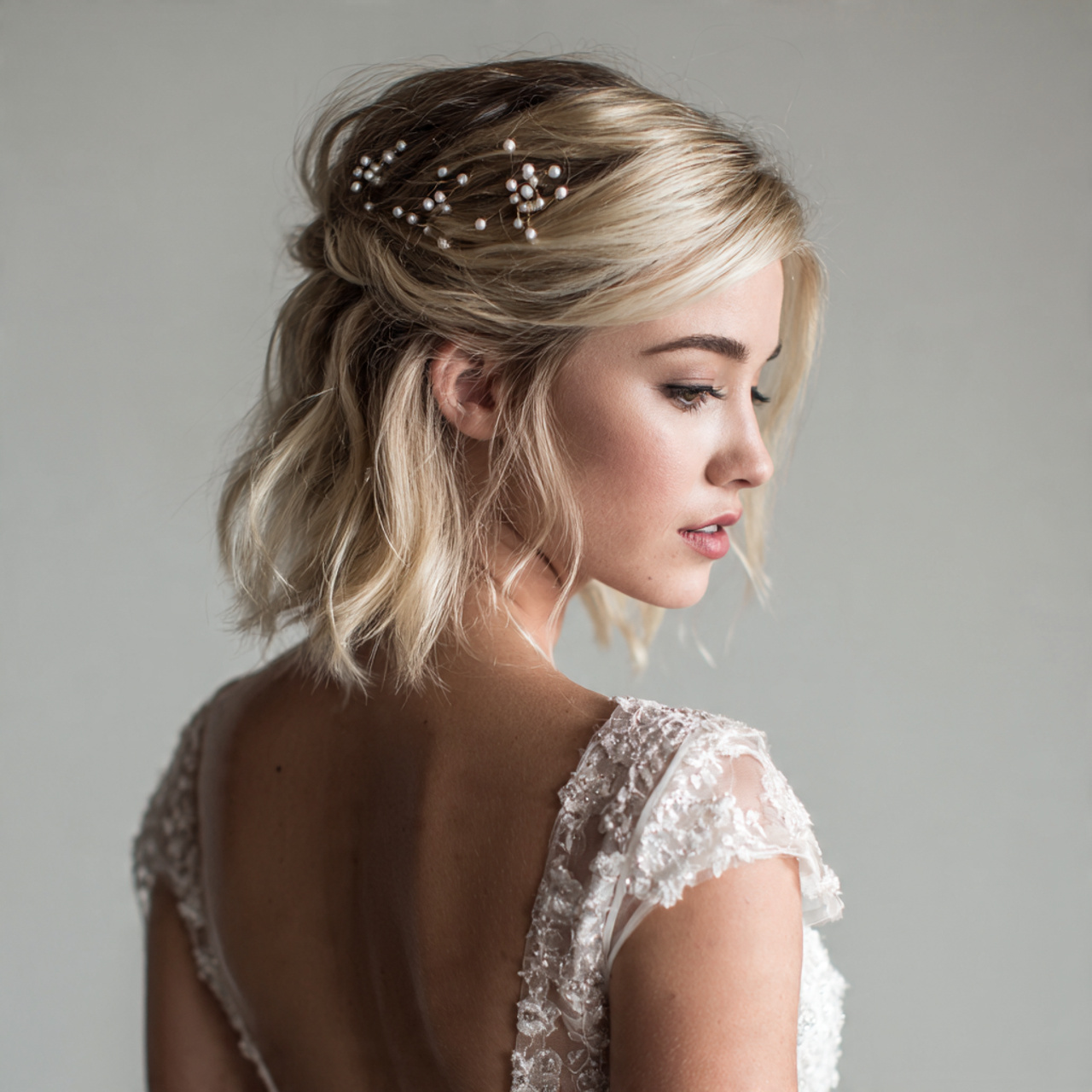 30 Gorgeous Wedding Hairstyles For Short Hair Ideas for Modern Brides 17 Short Hair with Pearl Pins