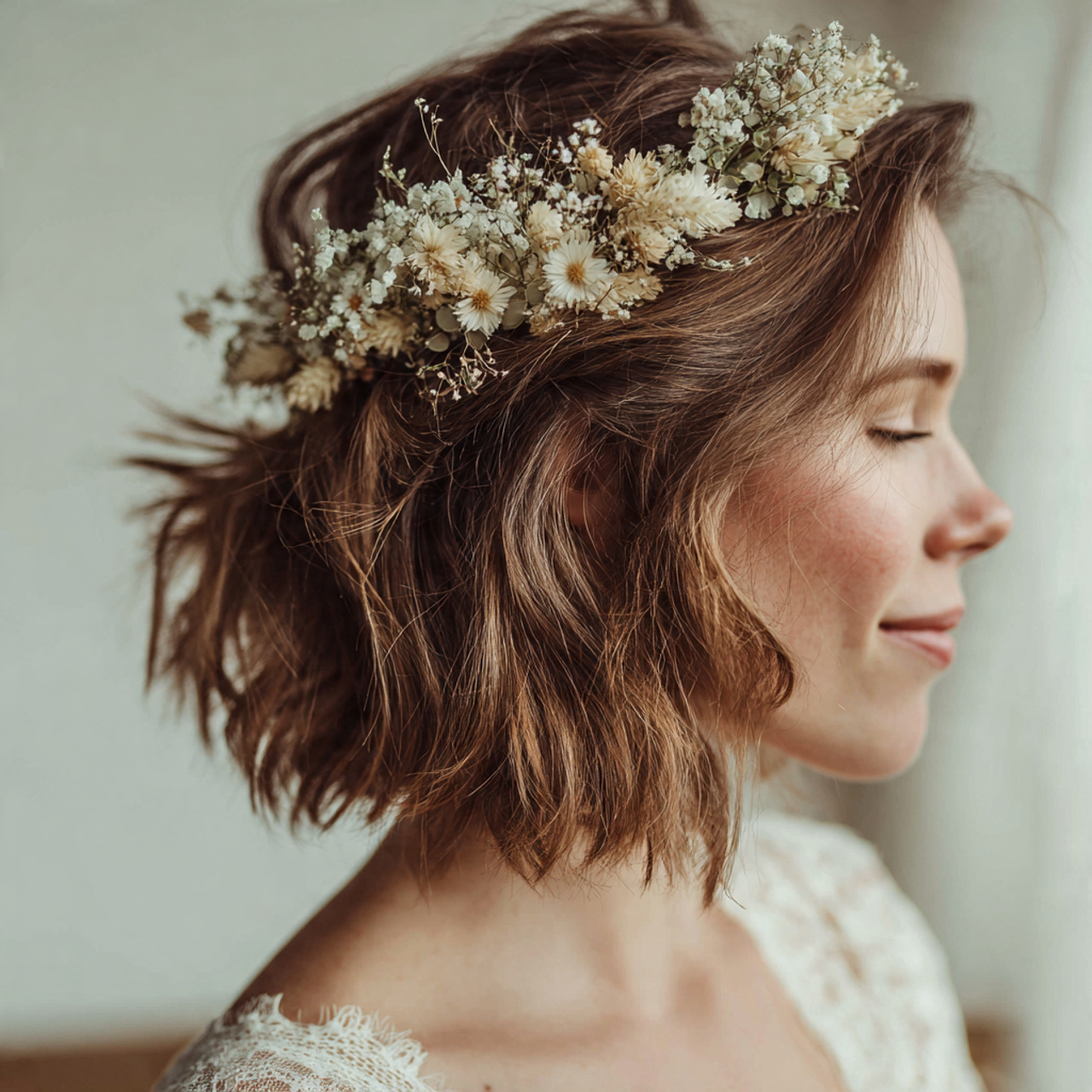 30 Gorgeous Wedding Hairstyles For Short Hair Ideas for Modern Brides 10 Short Hair with Floral Accents