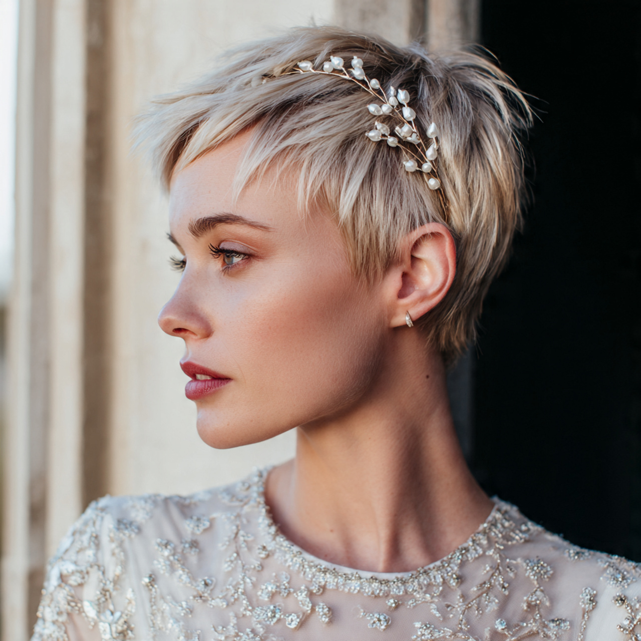 30 Gorgeous Wedding Hairstyles For Short Hair Ideas for Modern Brides 7 Accessorized Pixie Cut