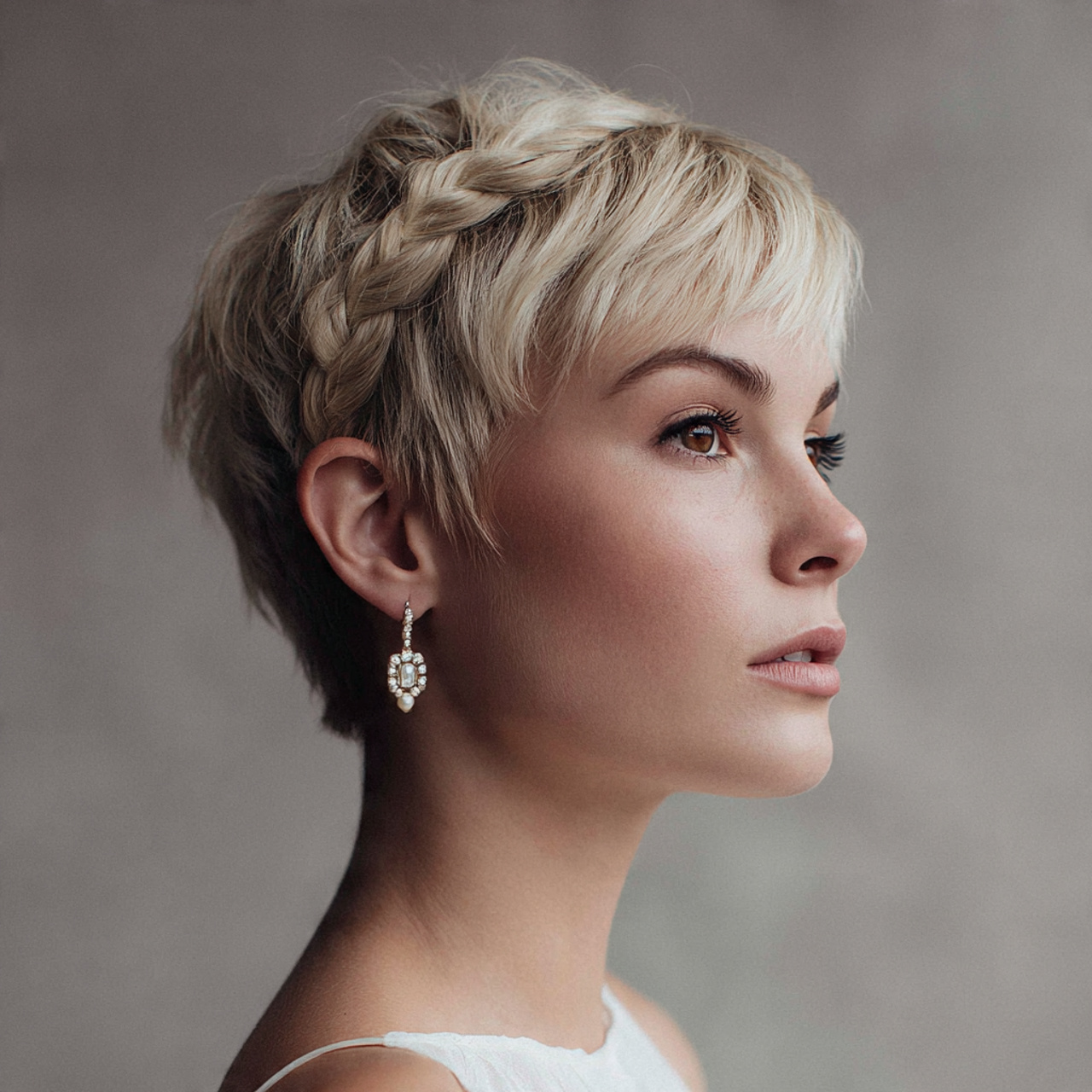 30 Gorgeous Wedding Hairstyles For Short Hair Ideas for Modern Brides 13 Pixie Cut with Side Braid Detail