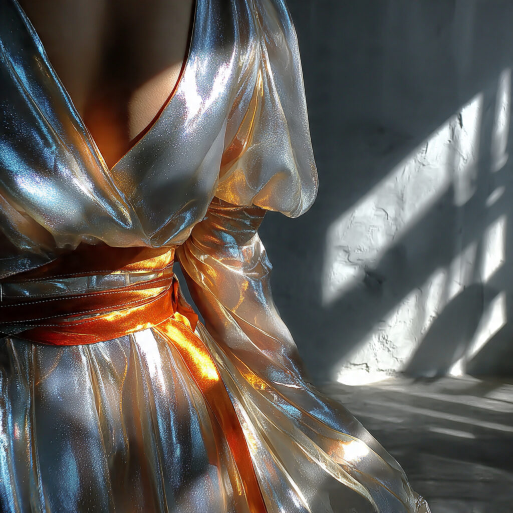 silk or satin cocktail outfit flowing softly 1