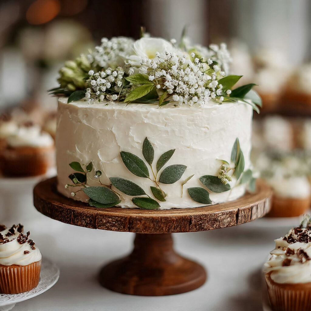 single tier white buttercream wedding cake with fresh