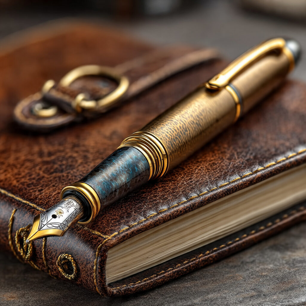 sleek bronze pen resting on a journal