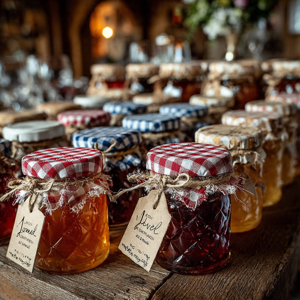 small artisanal jam jars with gingham fabric
