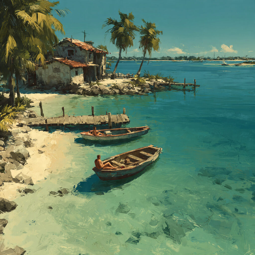 small coastal island with local boats couple