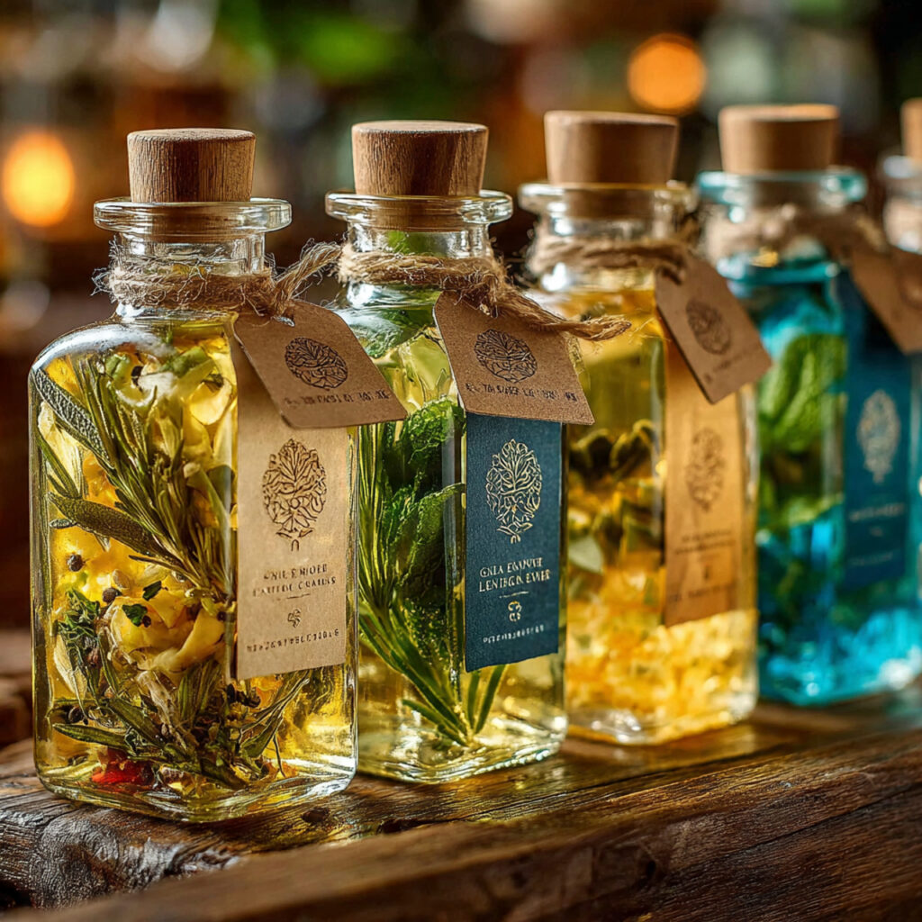 small glass olive oil bottles with infused