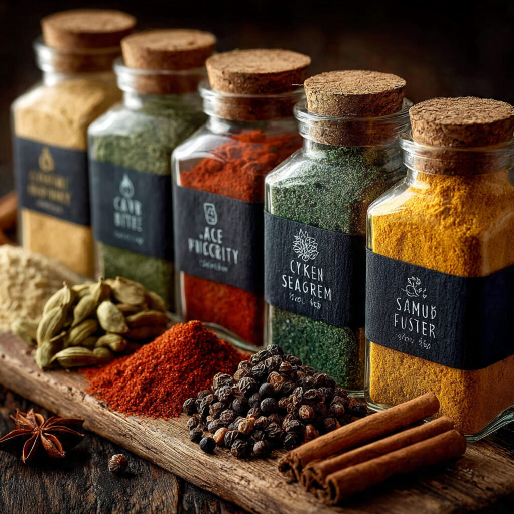small glass spice jars with vibrant spices