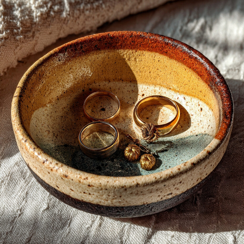 small handcrafted pottery jewelry dish holding rings