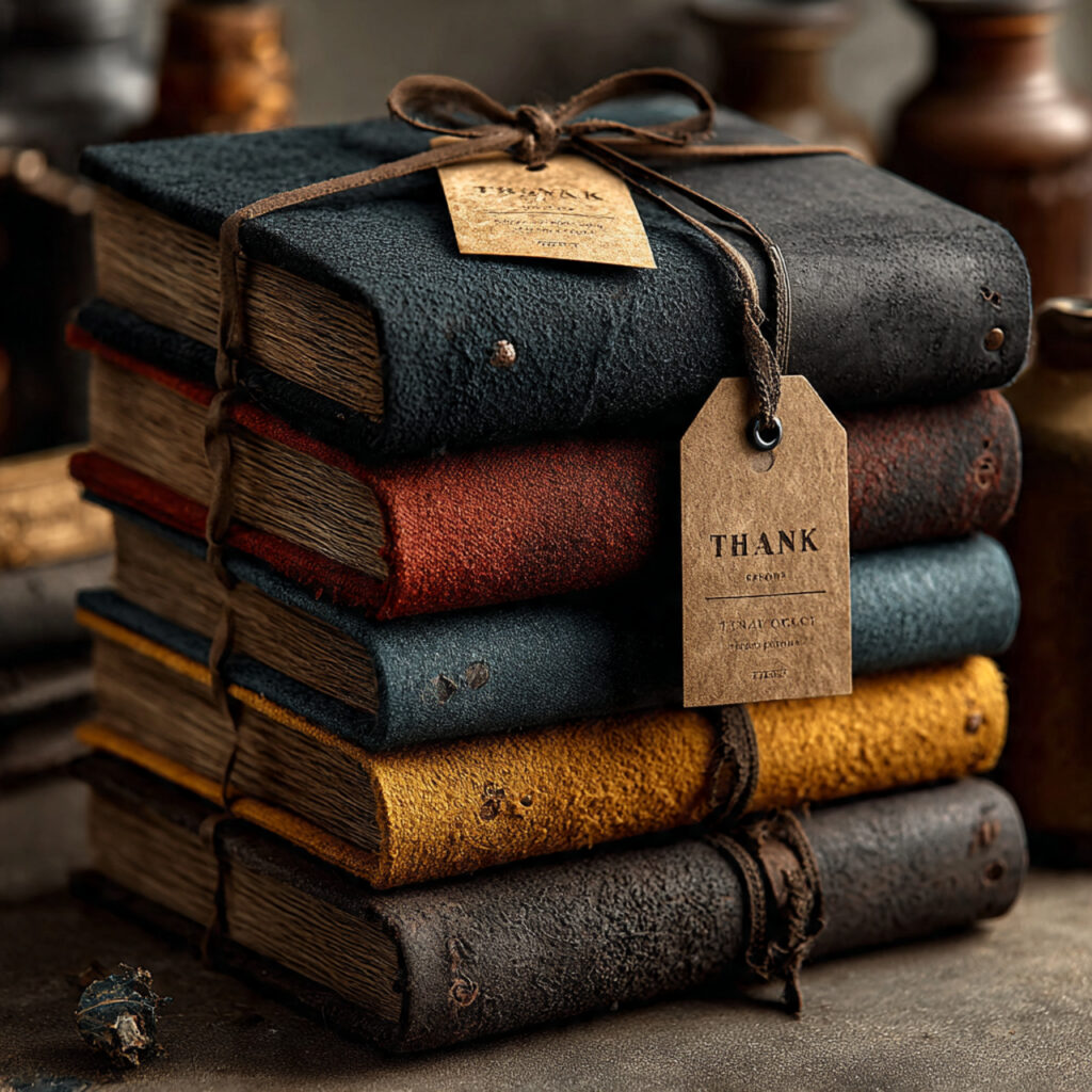 small kraft or leather bound journals stacked neatly