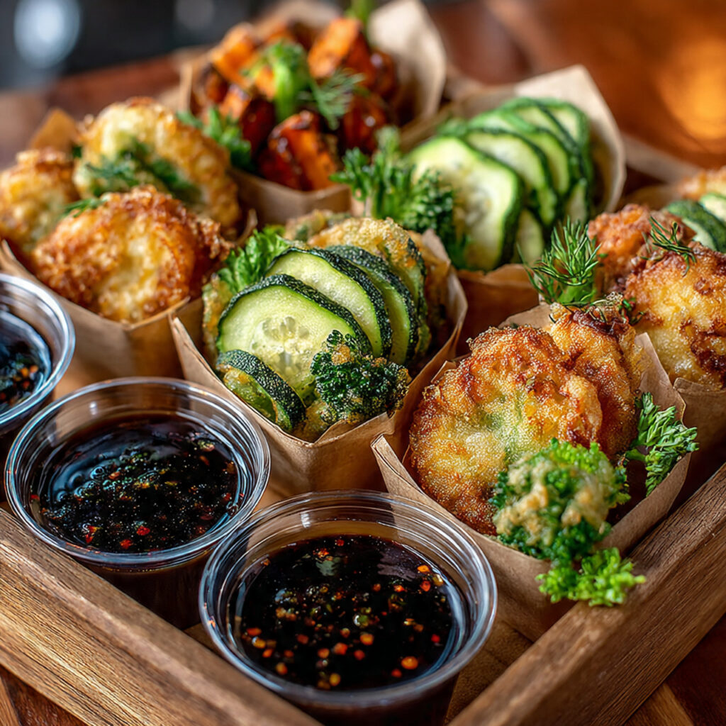 17 Delicious Cocktail Hour Food Ideas to Elevate Your Event 16 small paper cups filled with crispy tempura