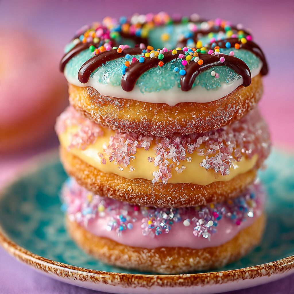 small stacked mini donuts with icing sprinkles