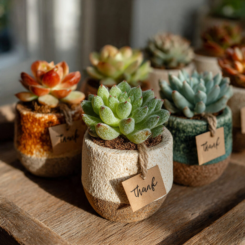 small succulent plants in simple clay pots
