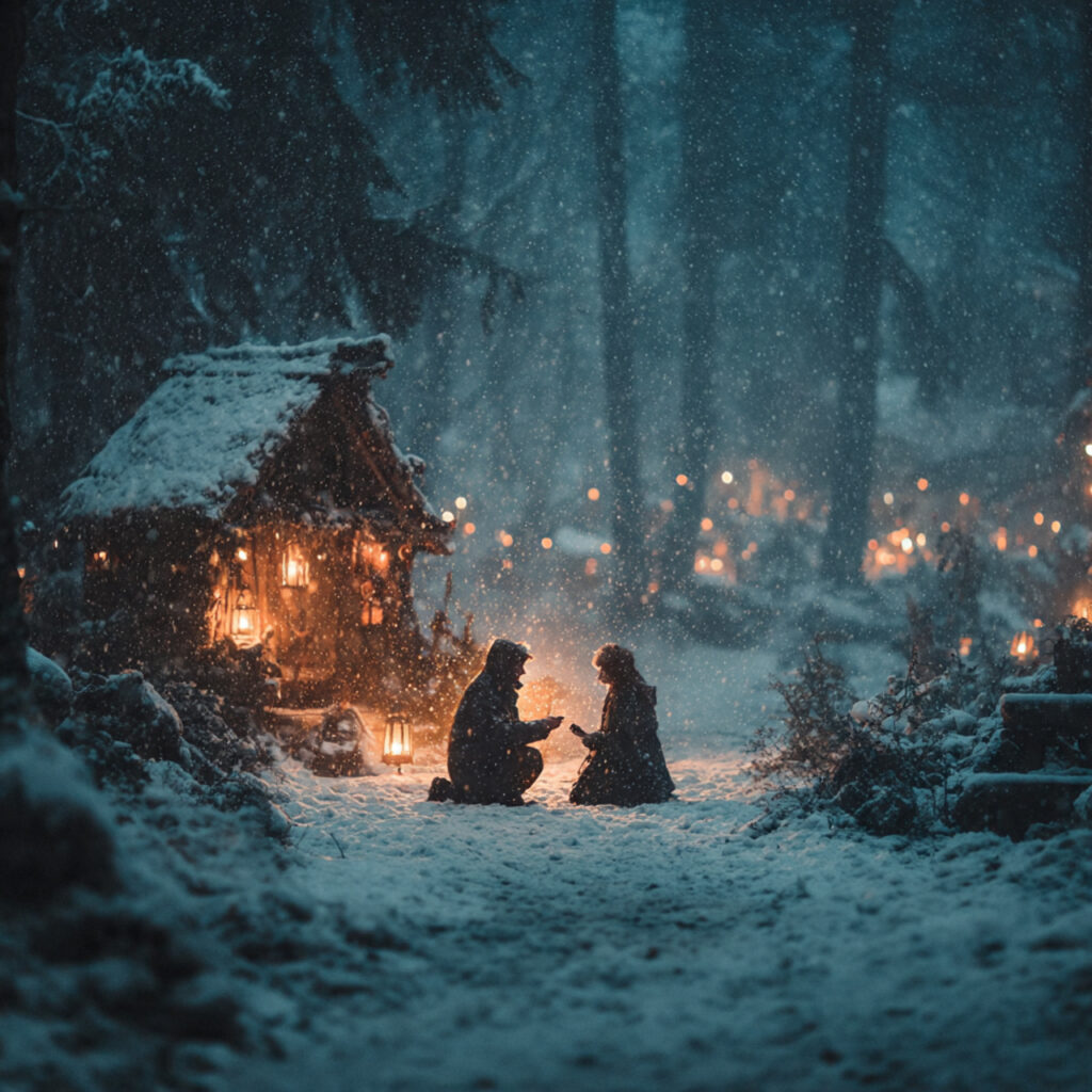 snowy forest proposal scene cozy winter outfits