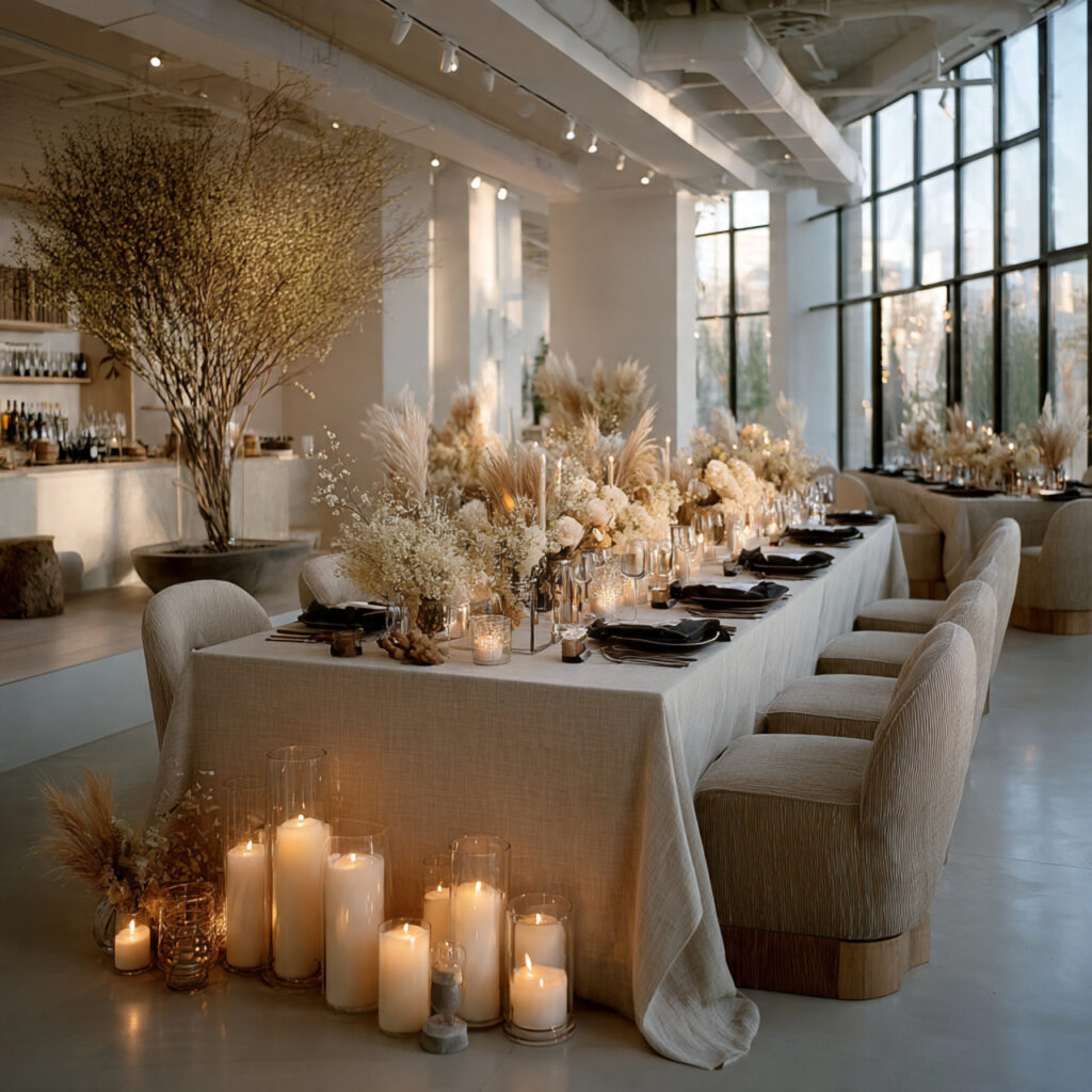soft candlelit wedding setup warm glow minimal