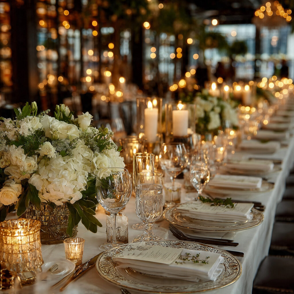 sophisticated dinner engagement party candlelit long table