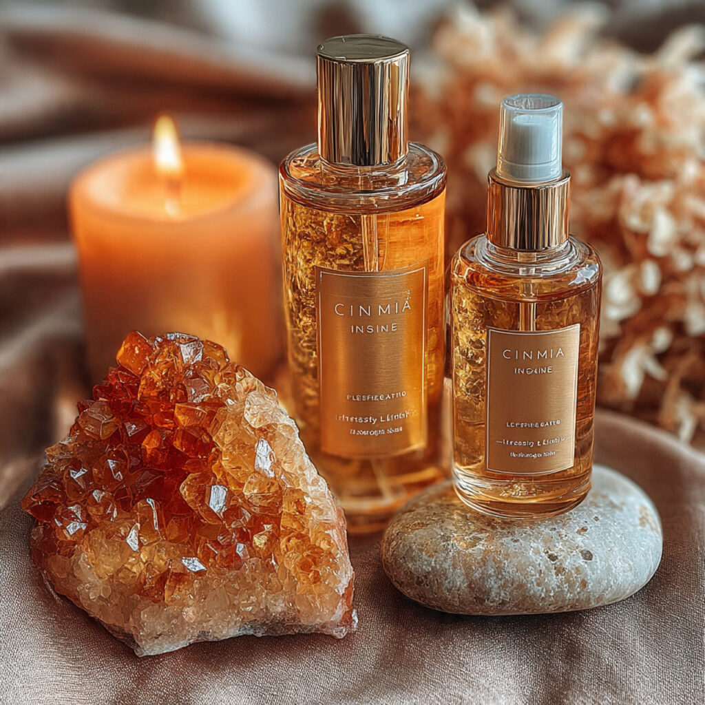 spa flat lay with citrine infused skincare bottles crystals