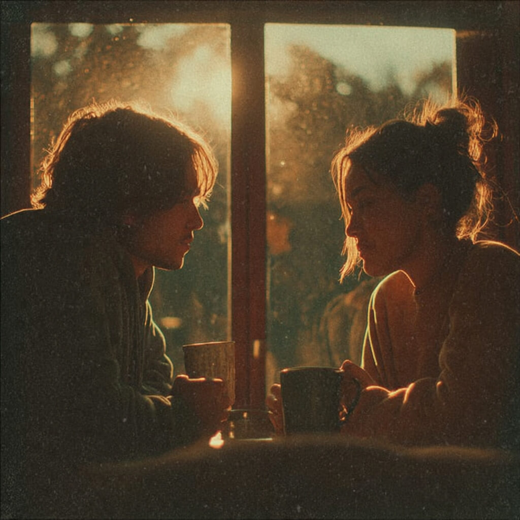 split screen image of a couple sipping coffee