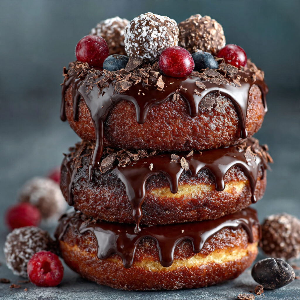 stacked chocolate donuts with rich ganache dripping
