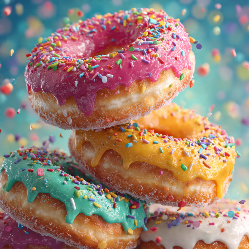 stacked donuts in bright rainbow glazes colorful