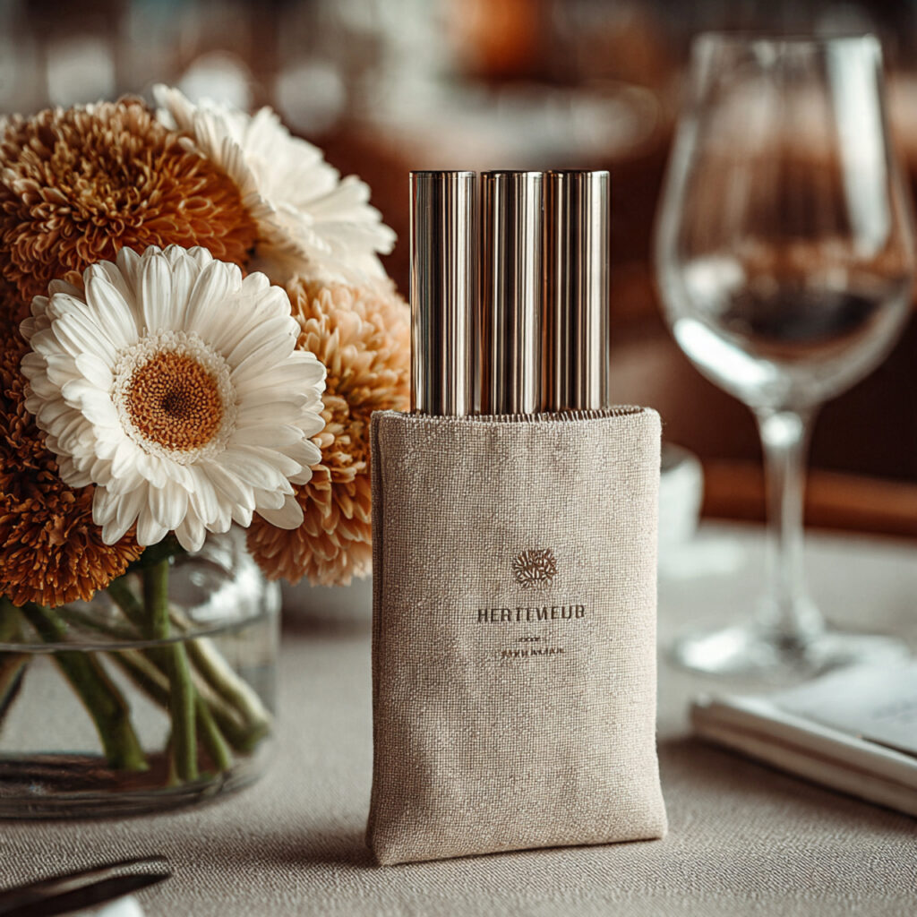 stainless steel straws in a linen pouch