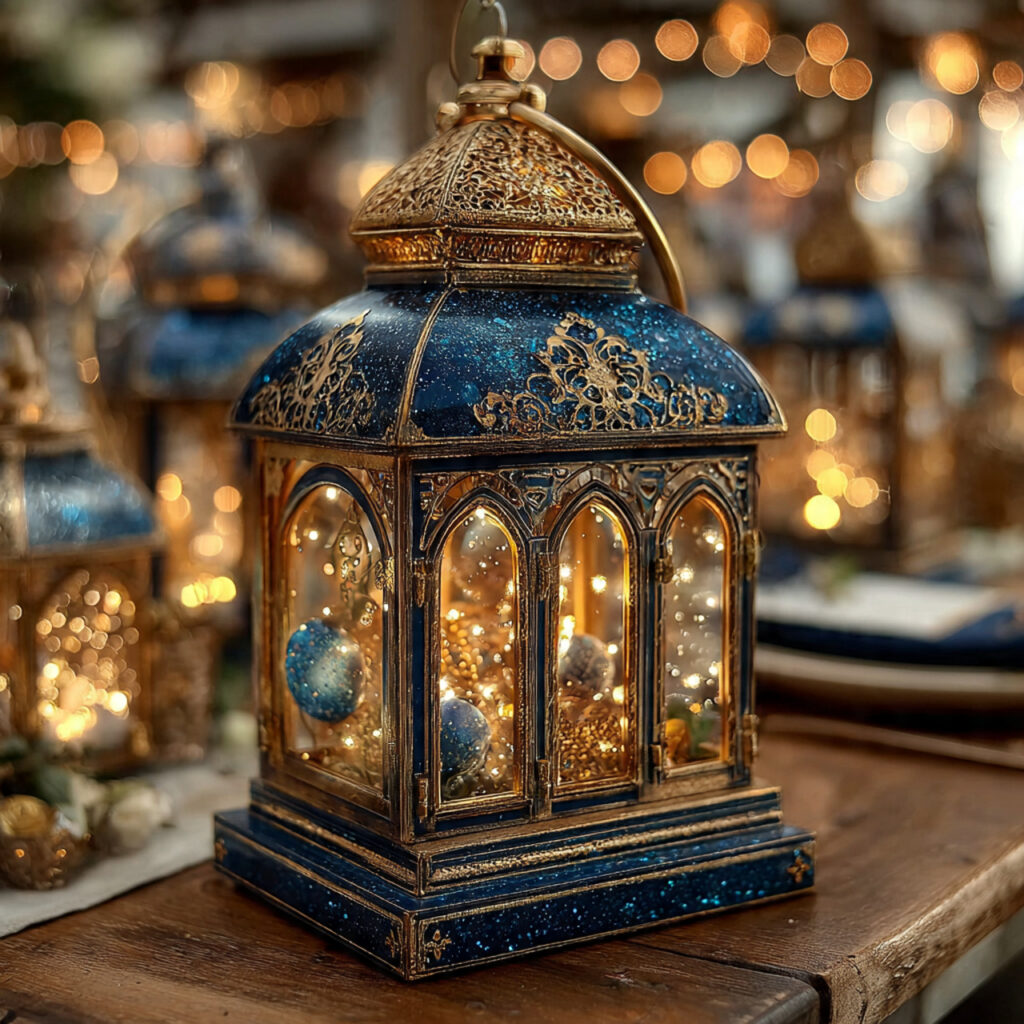 star cut metal lantern centerpiece with navy gold