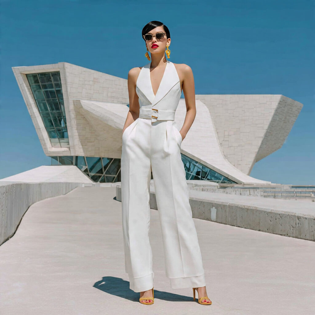 stylish bride wearing a tailored white bridal