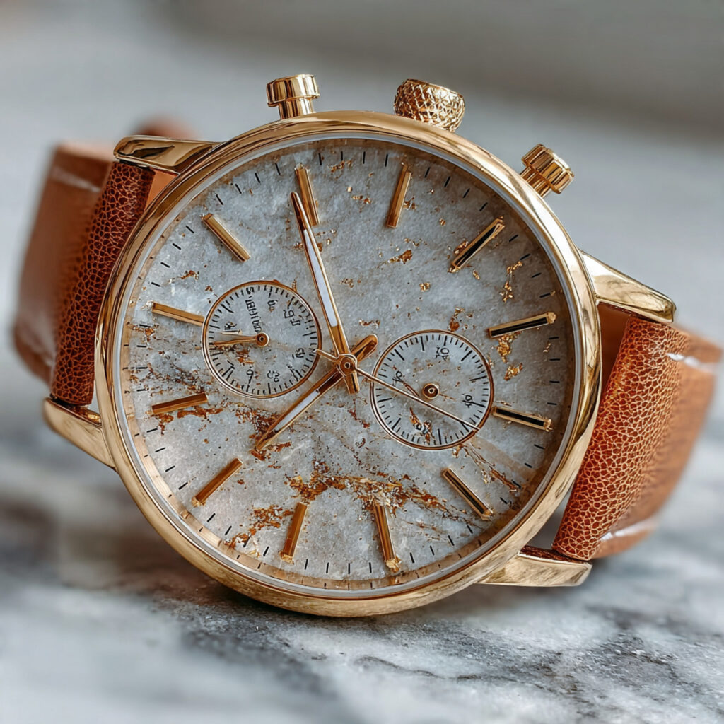 stylish leather strap wristwatch resting on a marble