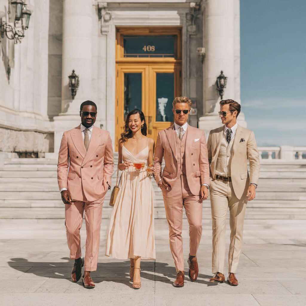 stylish wedding guests in elegant pastel and