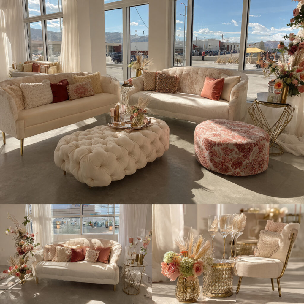 stylish wedding lounge area with decorated sofas