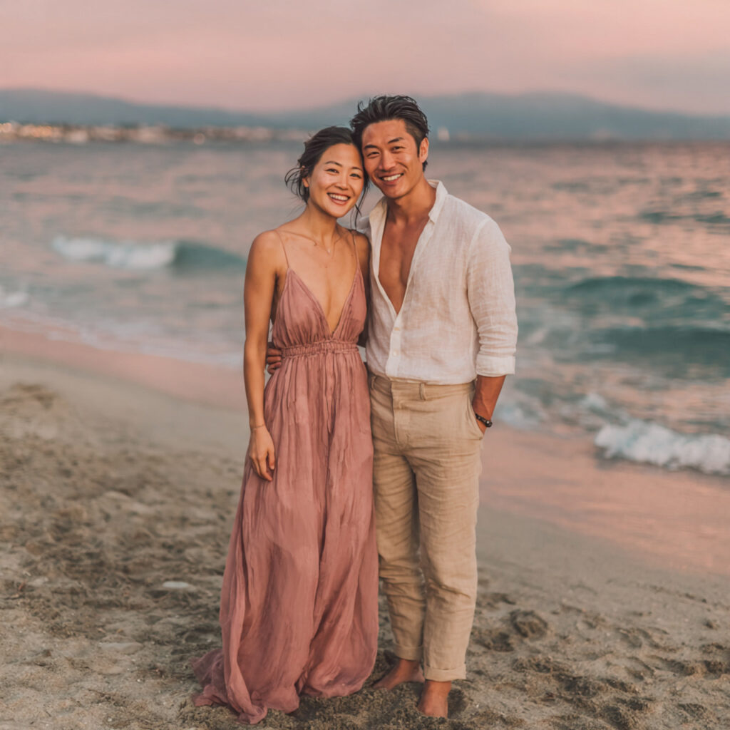 sunset beach engagement party woman in