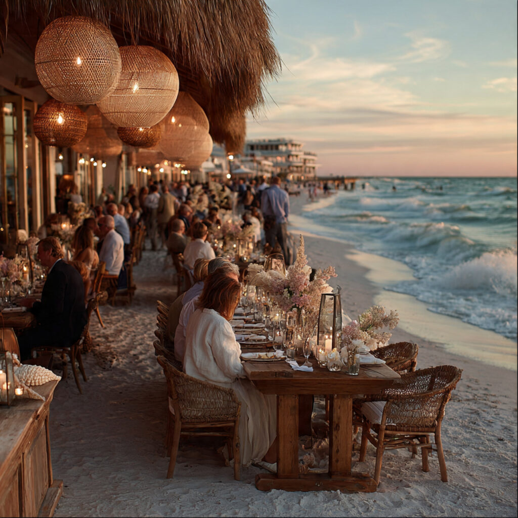 sunset beach engagement party wooden tables on