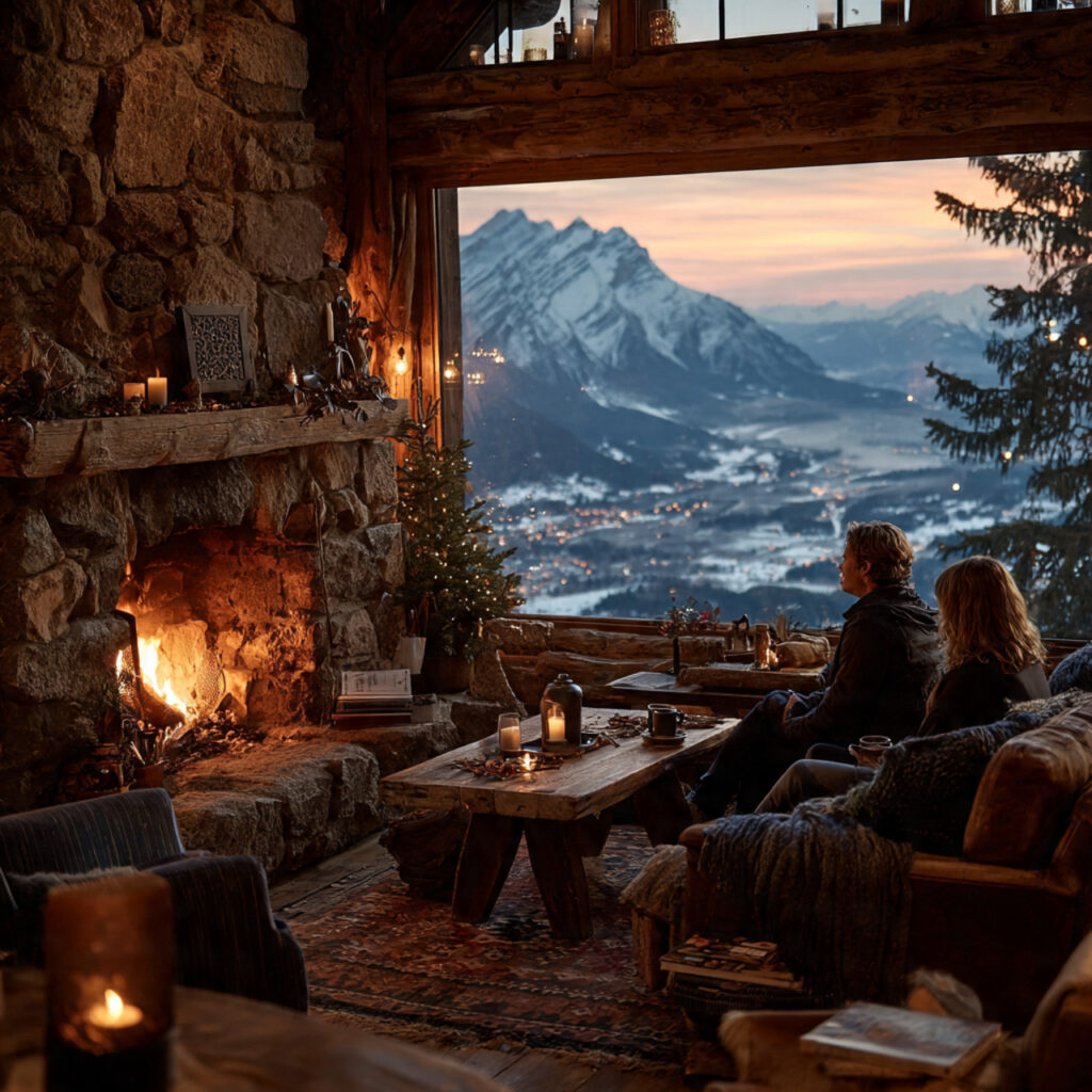 swiss alps chalet honeymoon snow outside couple