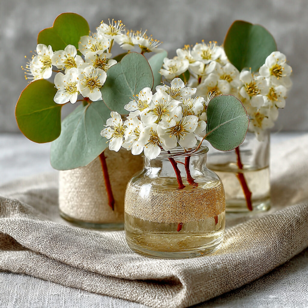 table setting with small glass vases holding