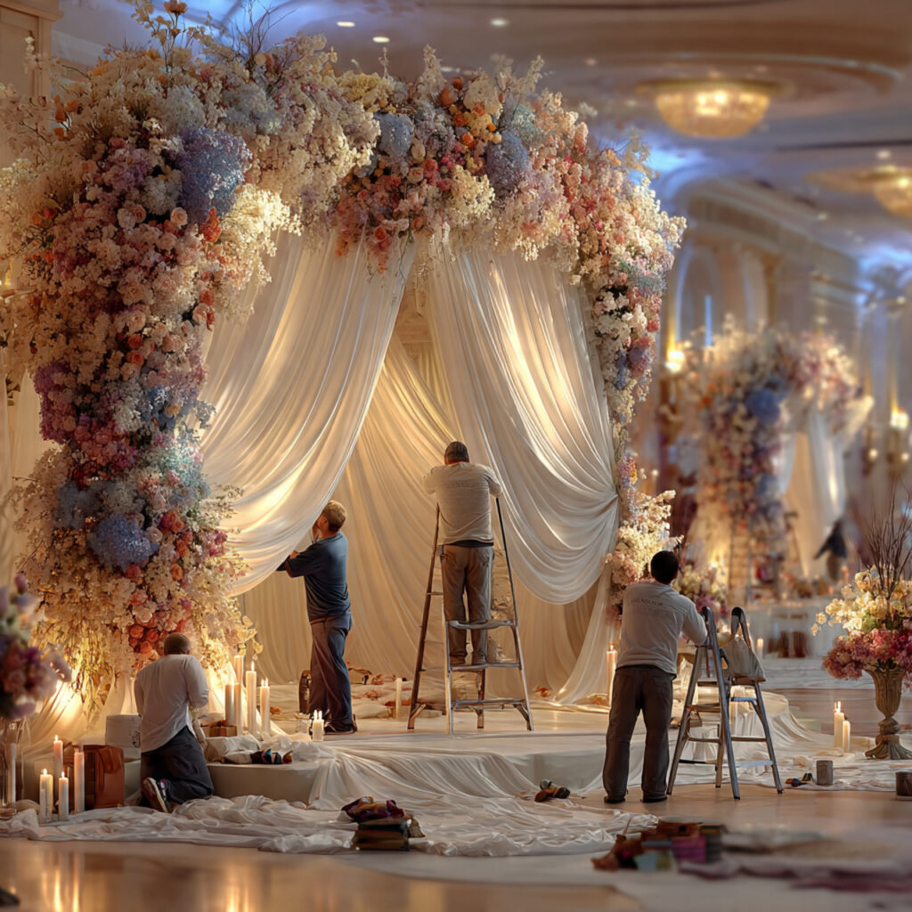 team of professional wedding decorators arranging flowers