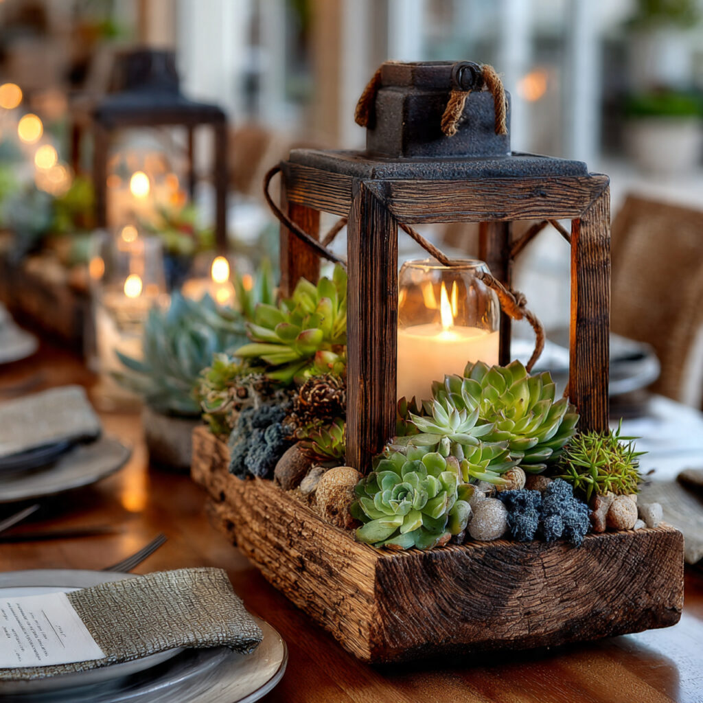 terrarium style lantern centerpiece filled with succulents air