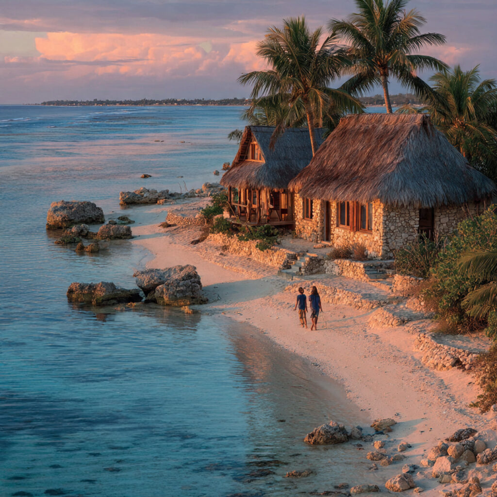 traditional fijian beachfront bungalow couple walking along