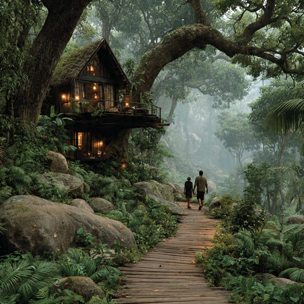 treehouse style lodge deep in rainforest couple walking