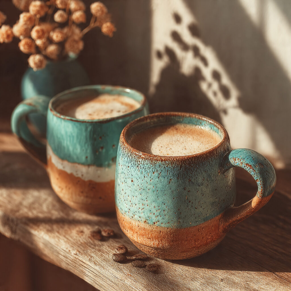 two handmade pottery mugs filled with coffee