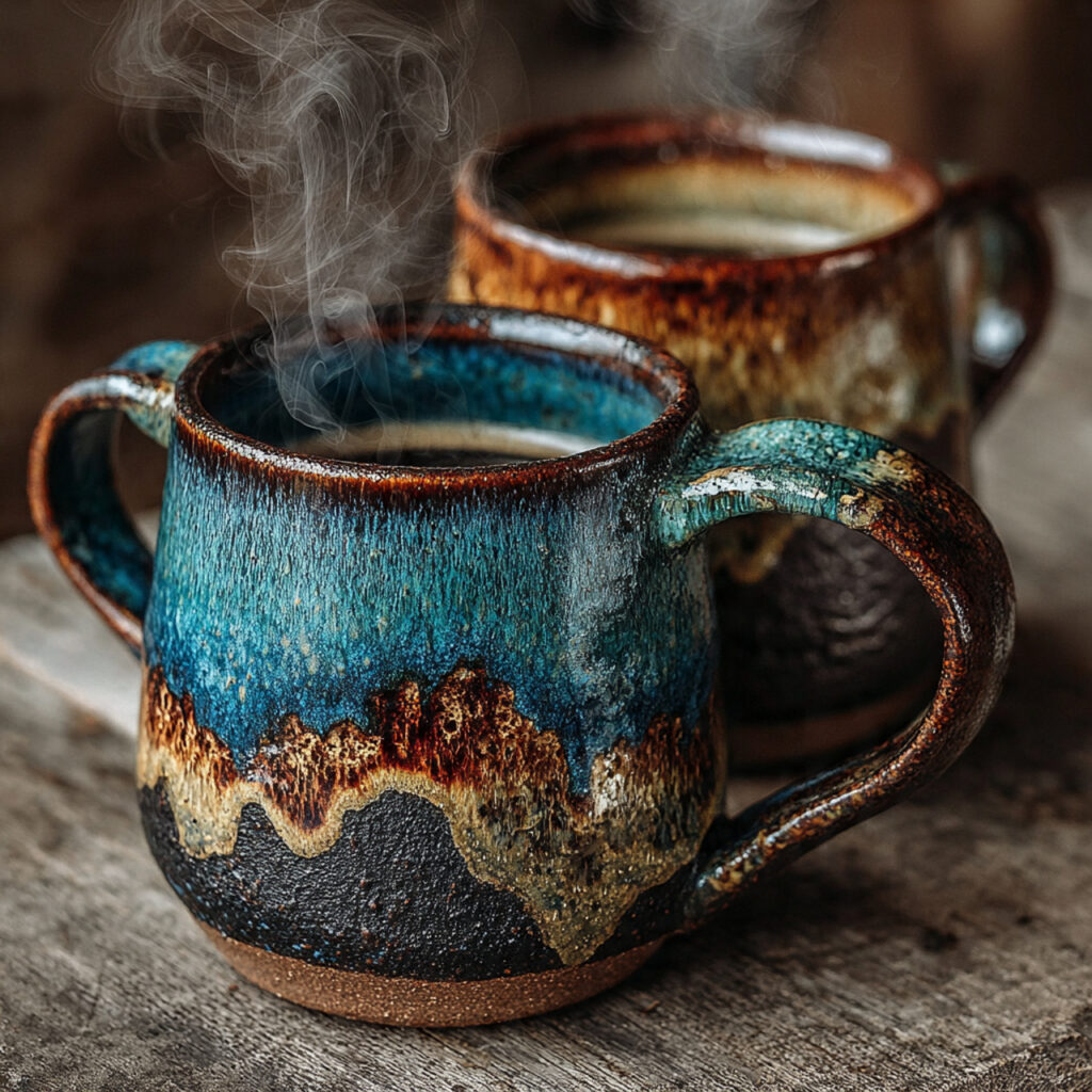 two handmade pottery mugs with unique glaze