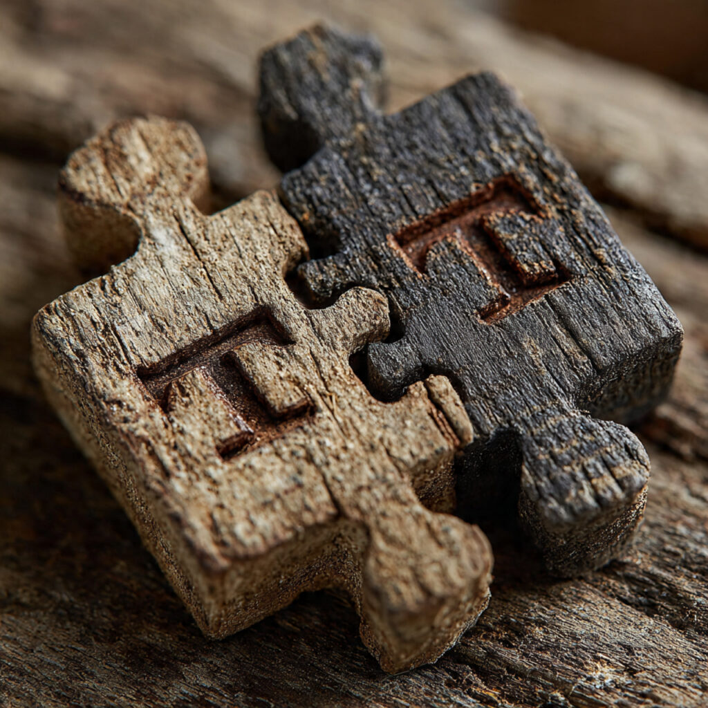 two interlocking wooden puzzle pieces with engraved