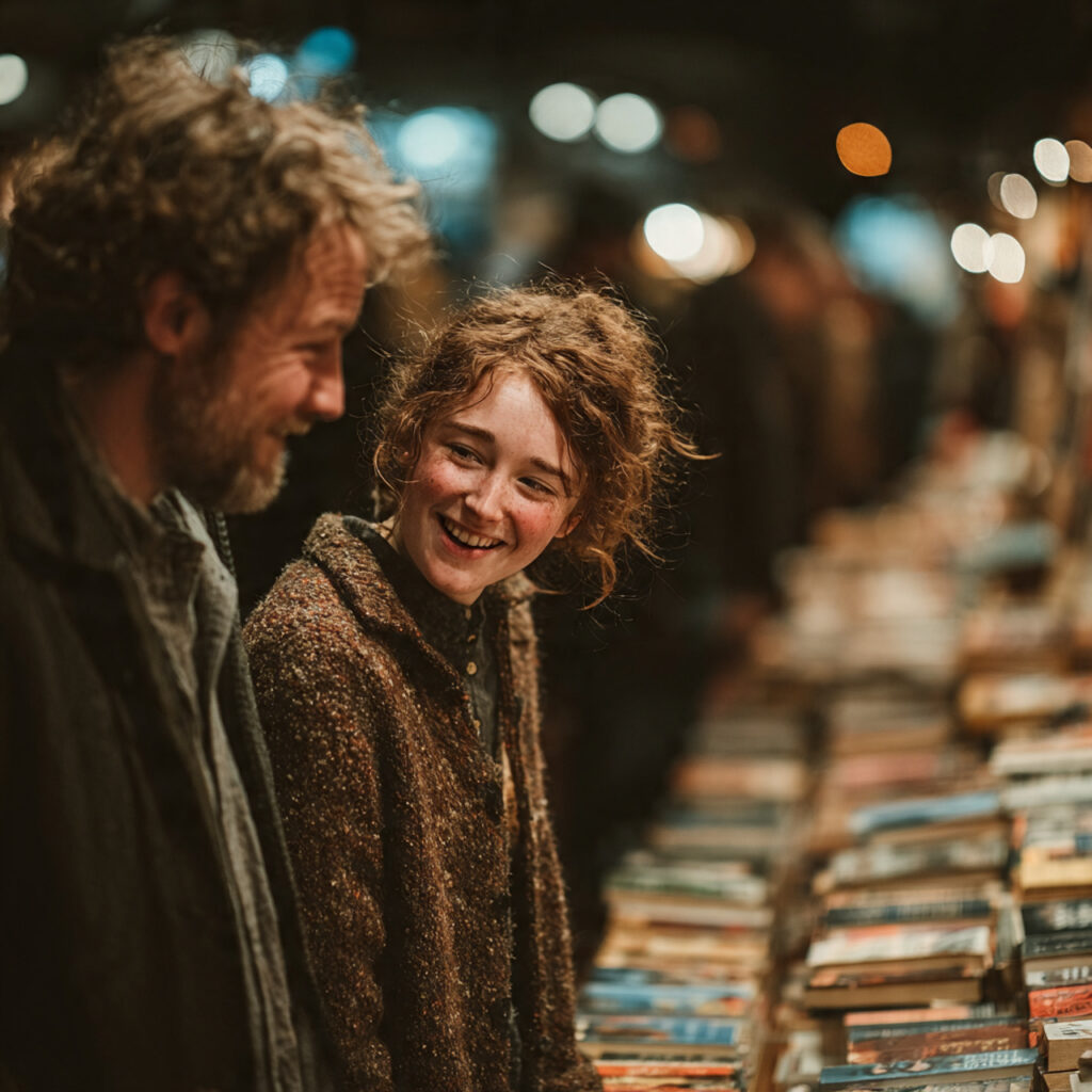 two people in a cozy bookstore standing
