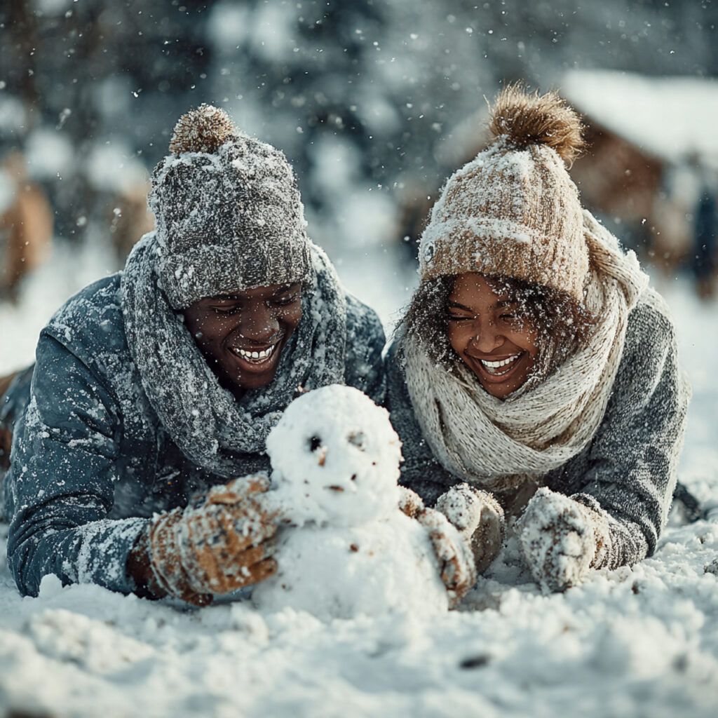 two people laughing while building a snowman