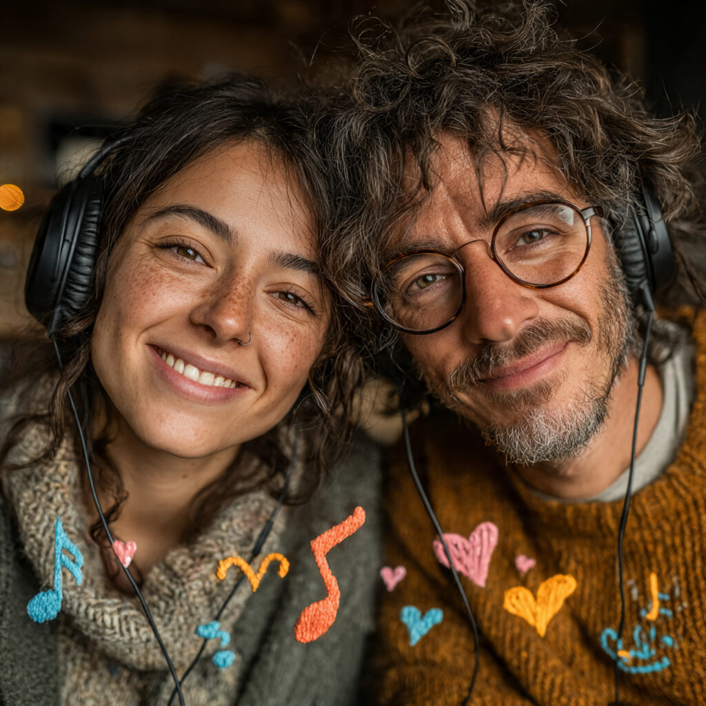 two people sharing earphones virtually via video