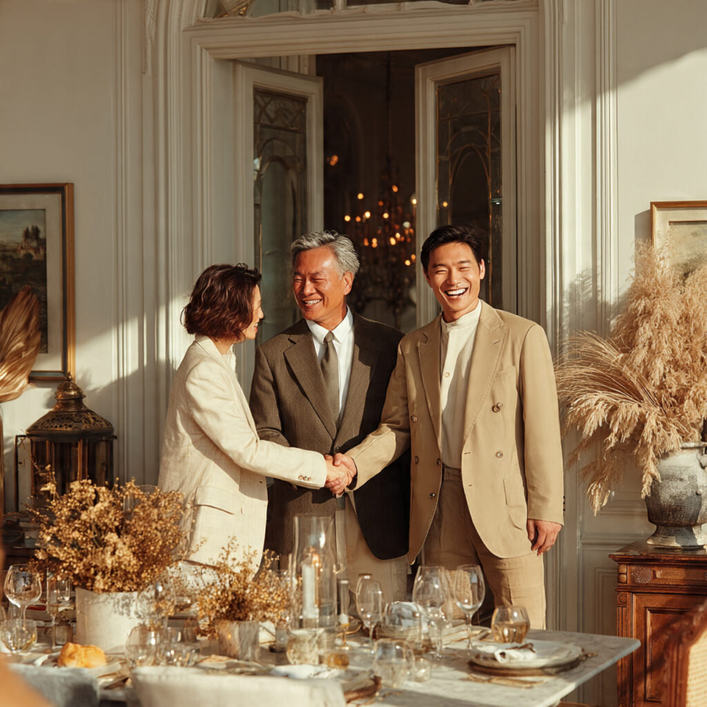 two sets of parents meeting warmly handshake